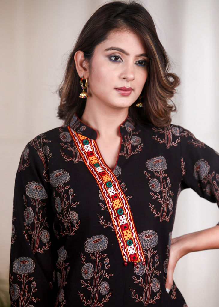 Floral Ajrak Kutch Mirror Work Placket Top