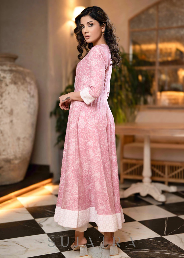 Trendy Baby Pink Rayon Printed Flared Kurta - Chiffon Dupatta Optional
