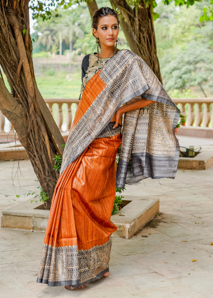 Glamorous rust pure Ghicha silk handpainted madhubani saree