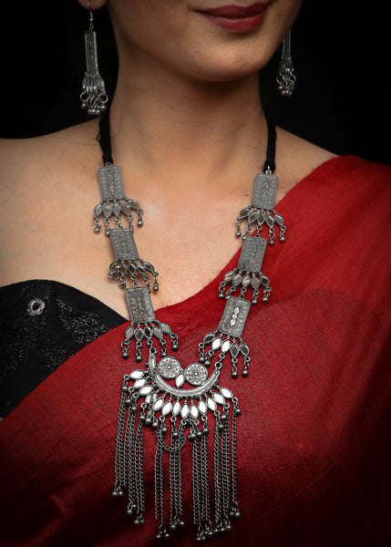German Silver Oxidised necklace with matching jhumkas Sujatra