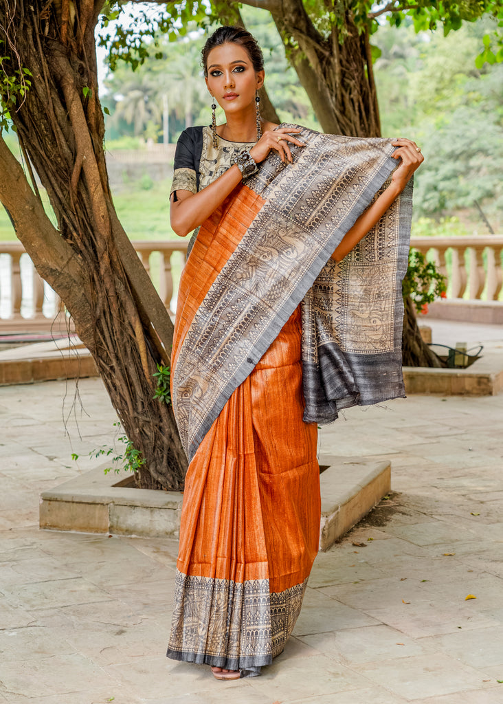 Glamorous rust pure Ghicha silk handpainted madhubani saree