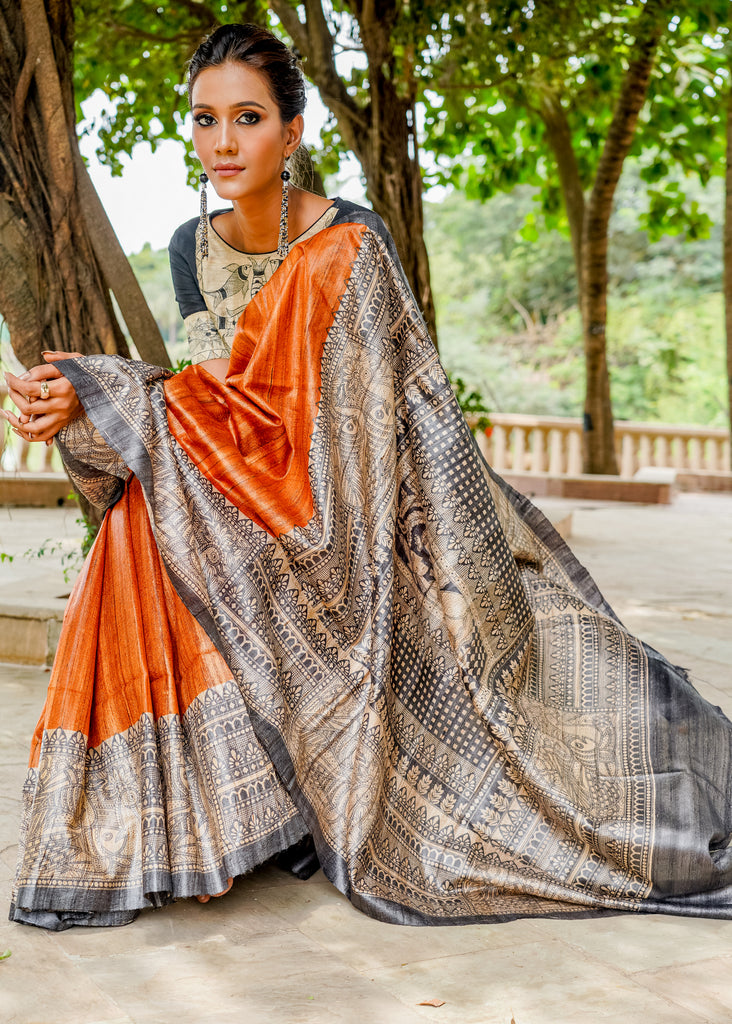 Glamorous rust pure Ghicha silk handpainted madhubani saree