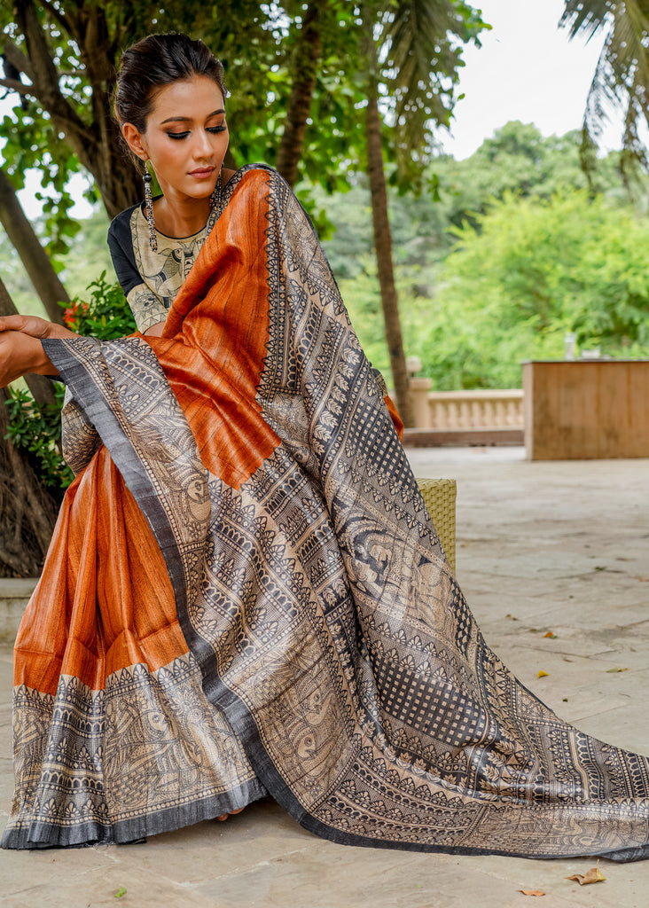 Glamorous rust pure Ghicha silk handpainted madhubani saree