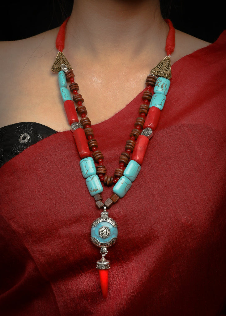 Red & Turquoise blue semi precious stone necklace with mirchi pendant