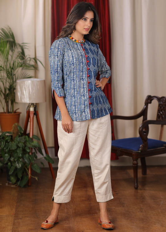 Indigo combination Top with mirror work collar