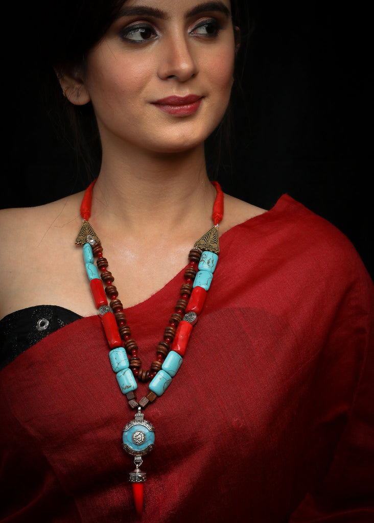 Red & Turquoise blue semi precious stone necklace with mirchi pendant