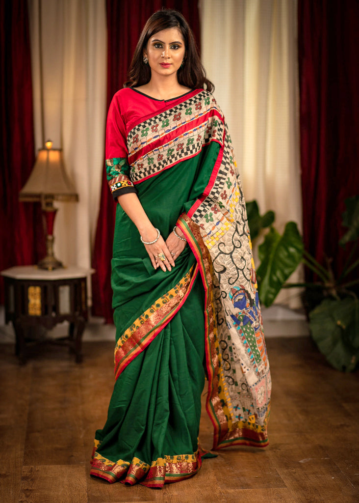 Forest green satin saree with hand painted madhubani pallu & benarasi border