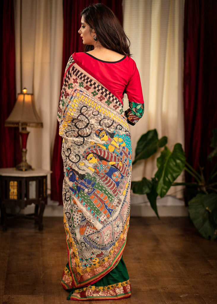 Forest green satin saree with hand painted madhubani pallu & benarasi border