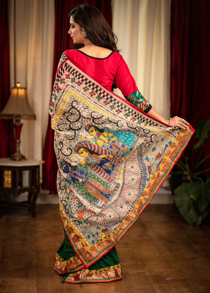 Forest green satin saree with hand painted madhubani pallu & benarasi border