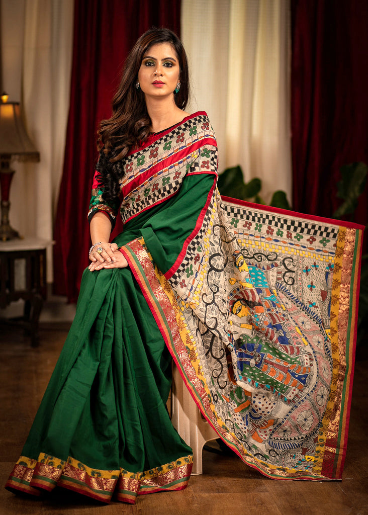 Forest green satin saree with hand painted madhubani pallu & benarasi border