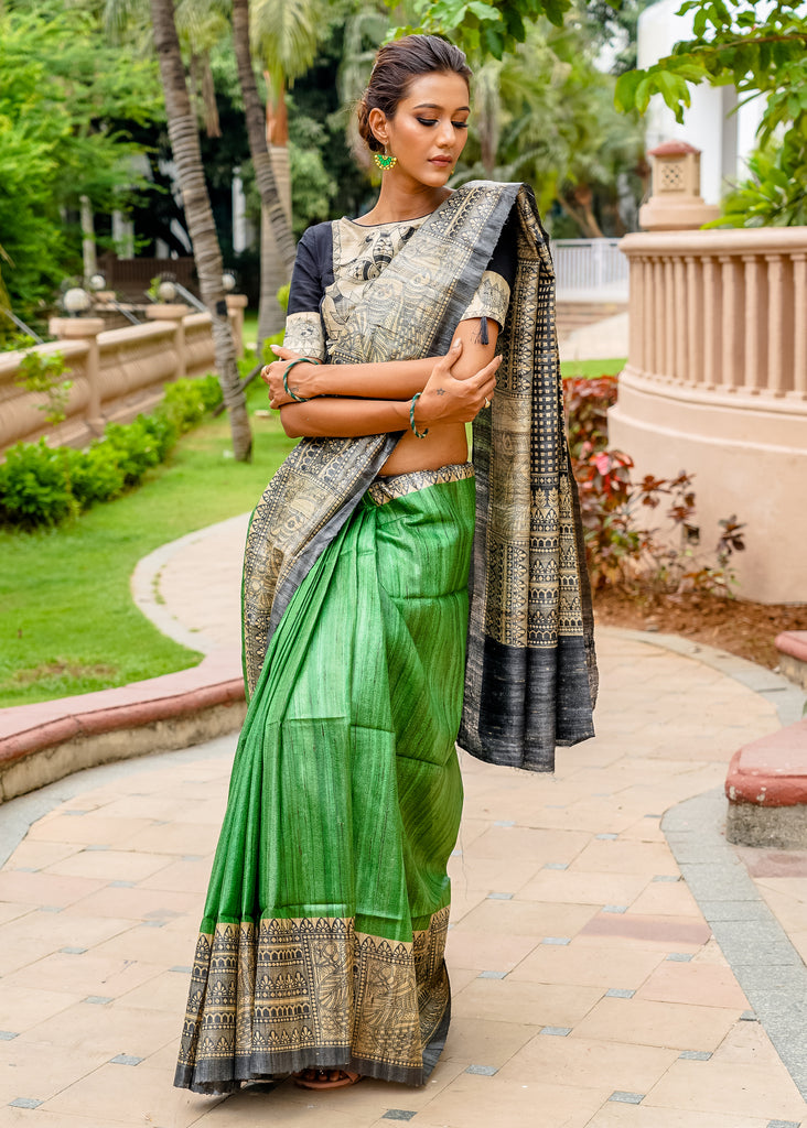 Beautiful green pure Ghicha silk handpainted madhubani saree