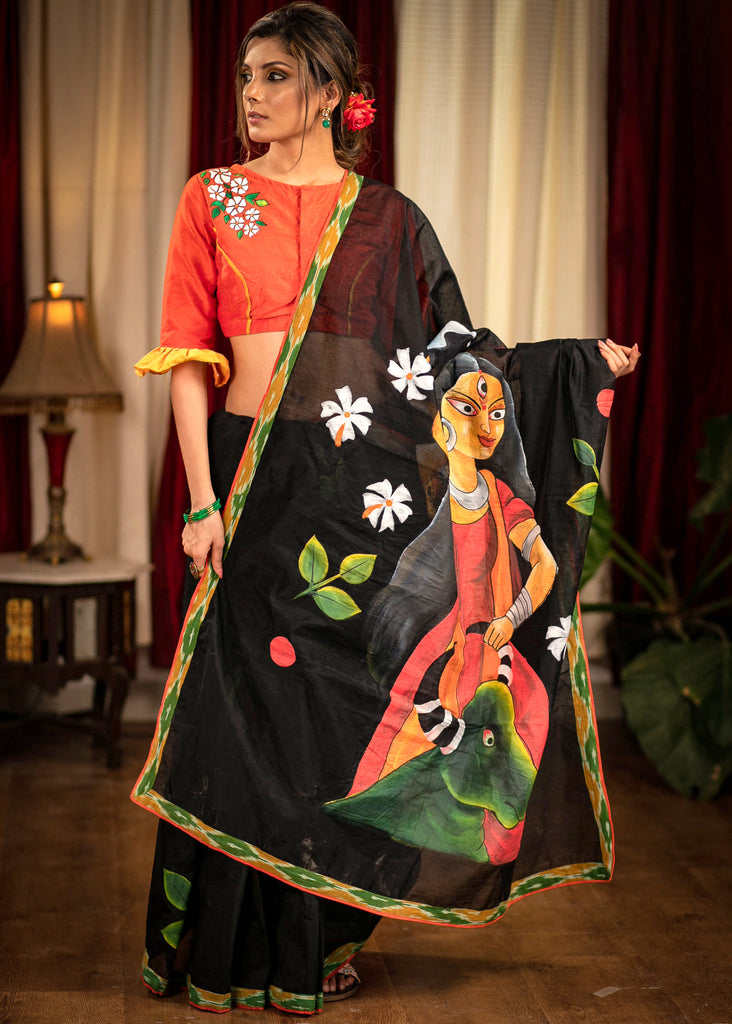 Black chanderi exclusive hand painted saree