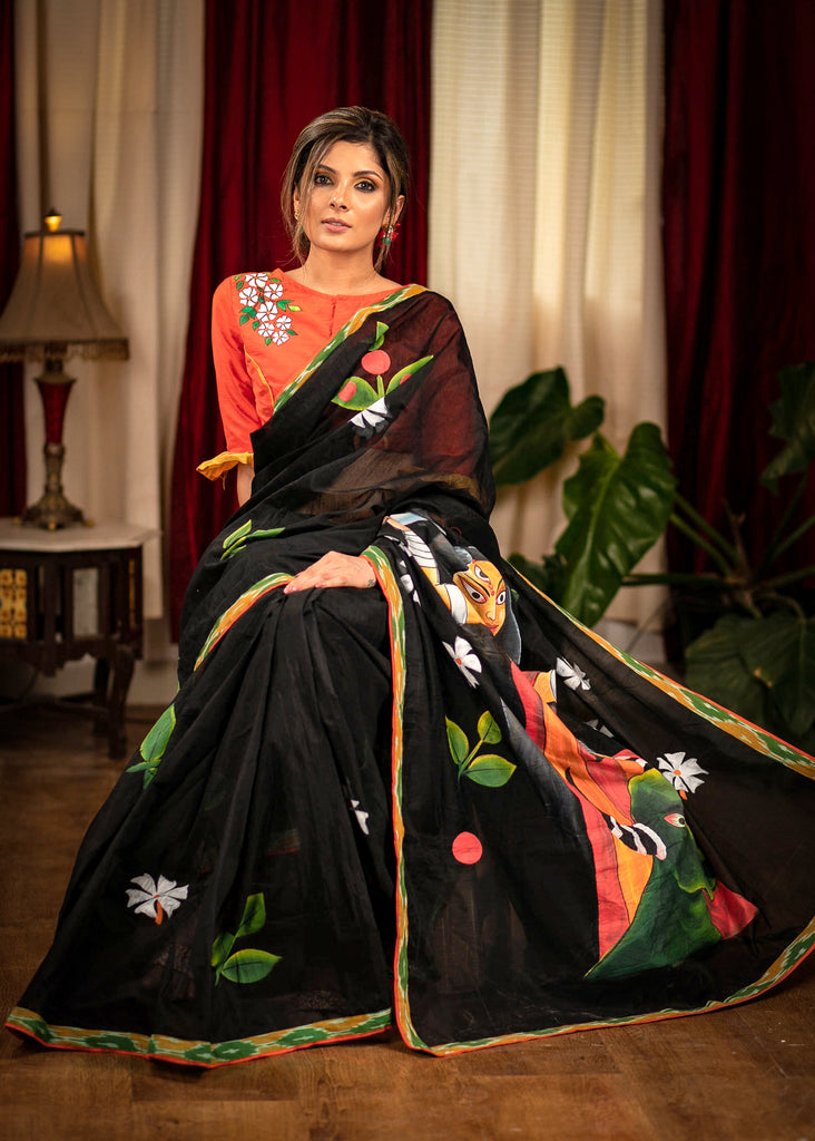 Black chanderi exclusive hand painted saree
