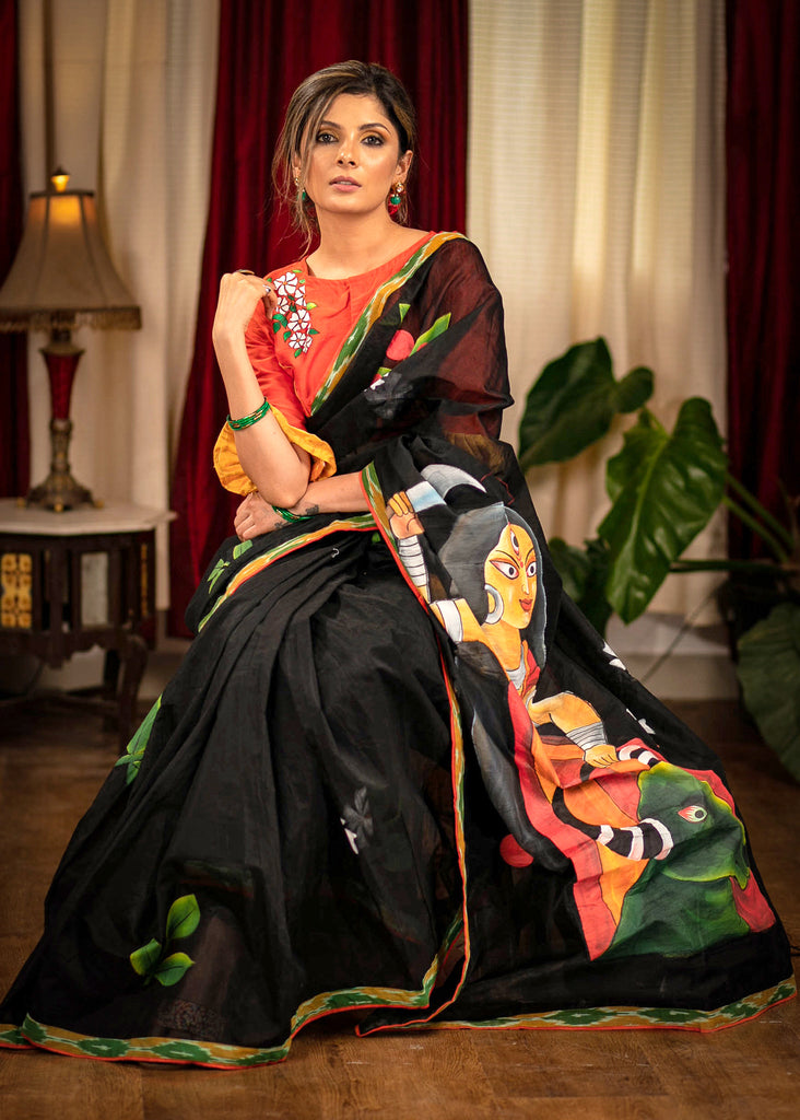 Black chanderi exclusive hand painted saree