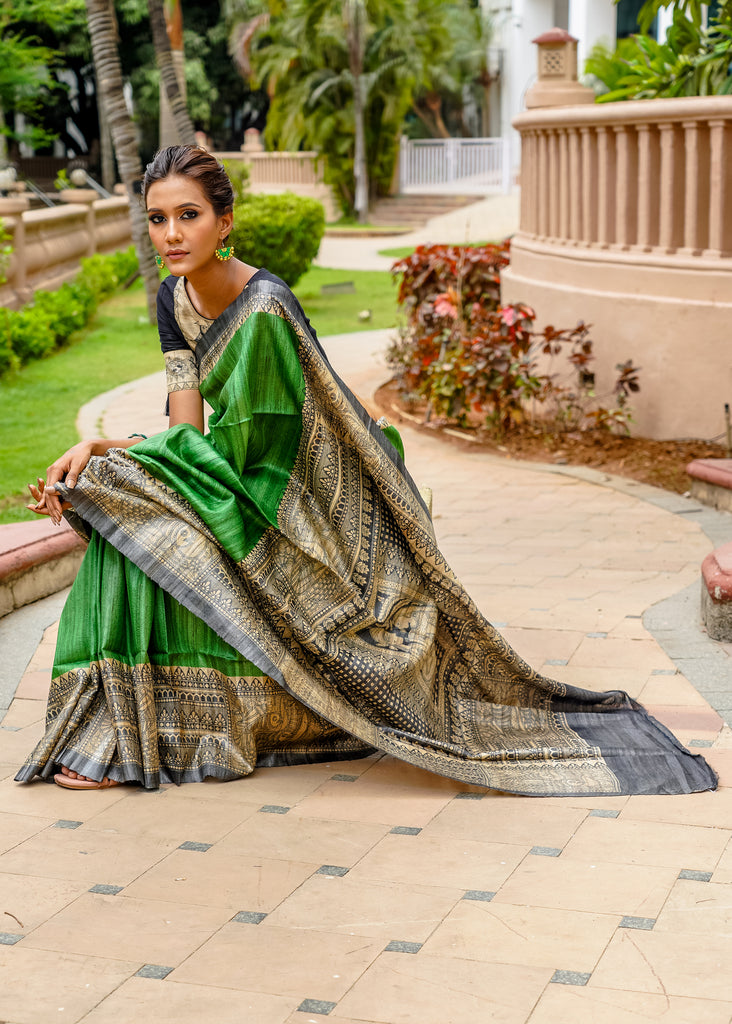 Beautiful green pure Ghicha silk handpainted madhubani saree