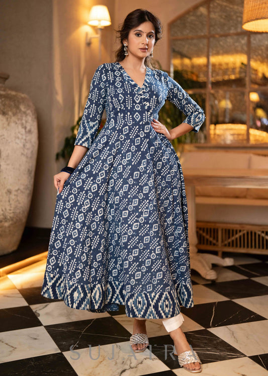 Elegant Indigo Combination Flared Kurta - Pant Optional