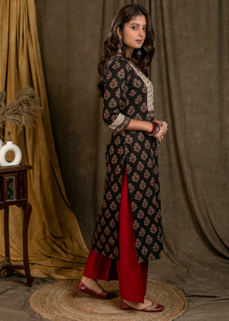Elegant Cotton Ajrakh Combination Straight Cut Kurta with Beautiful Hand Embroidered Yoke and Sleeves - Pant Optional