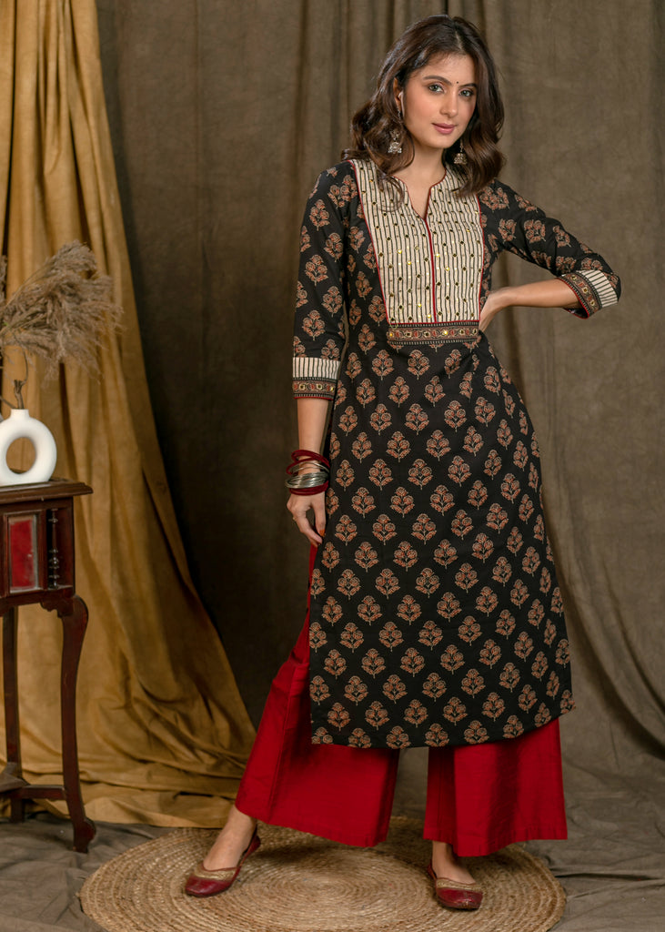 Elegant Cotton Ajrakh Combination Straight Cut Kurta with Beautiful Hand Embroidered Yoke and Sleeves - Pant Optional