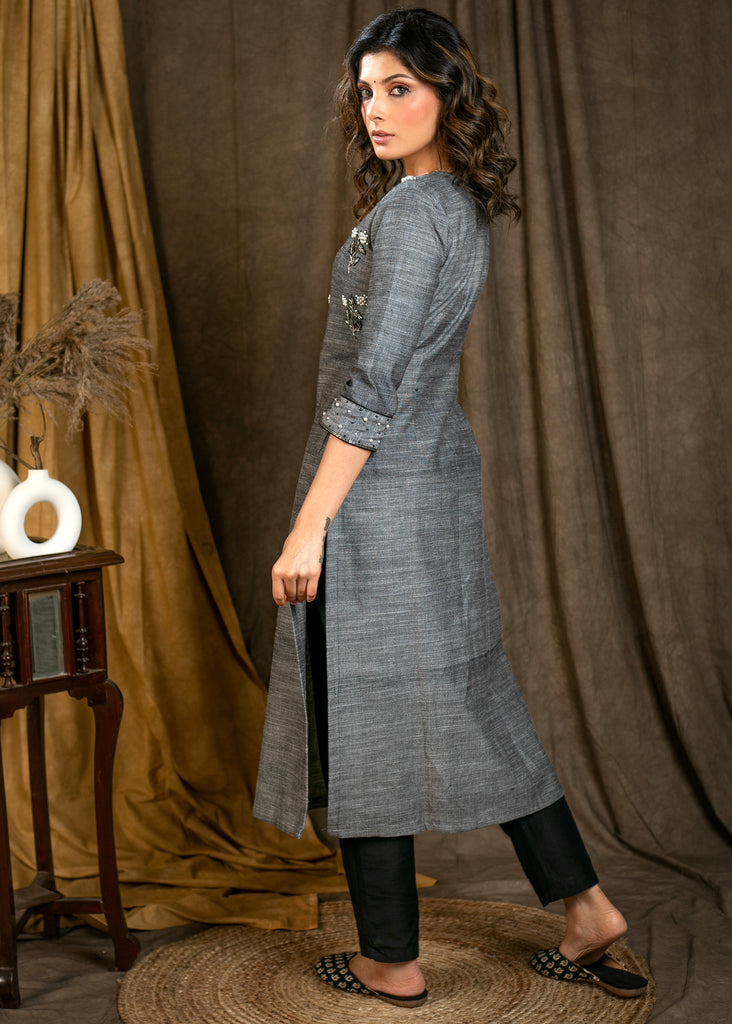 Straight Cut Grey Cotton Kurta with Beautiful Hand Made Beadwork On Yoke and Sleeves - Pant Optional