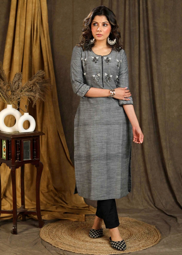 Straight Cut Grey Cotton Kurta with Beautiful Hand Made Beadwork On Yoke and Sleeves - Pant Optional