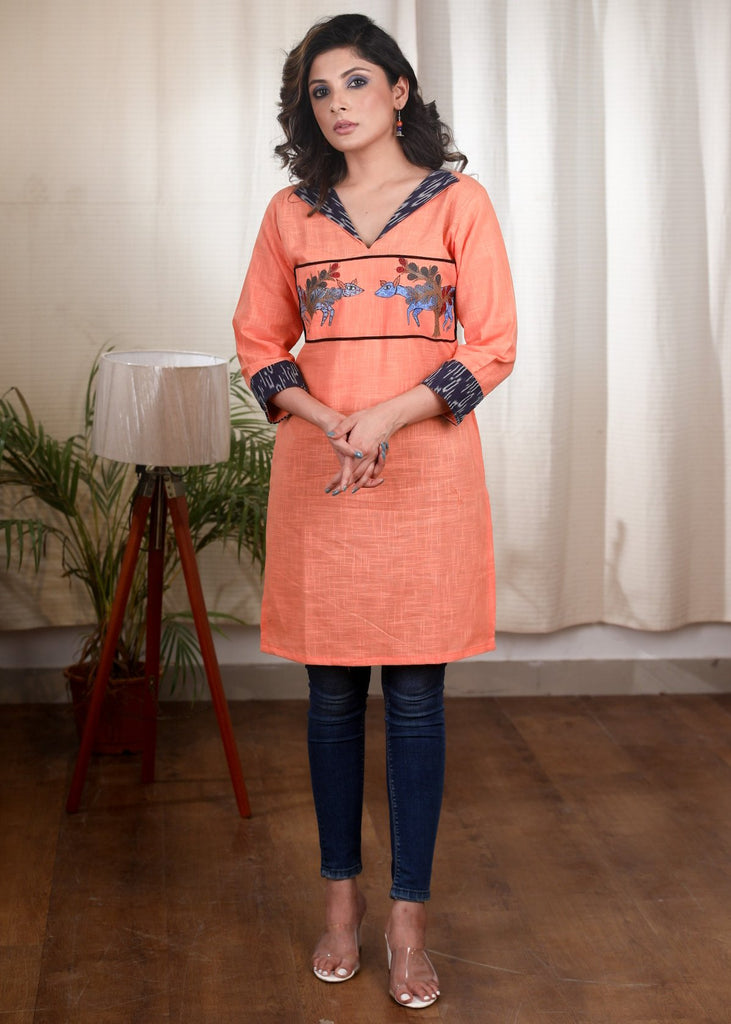 Peach coloured hand painted Gond tribal art cotton tunic