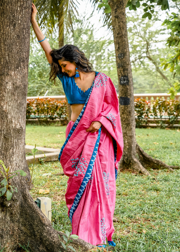 Delicate Embroidered pink cotton dupion saree with Ikat border