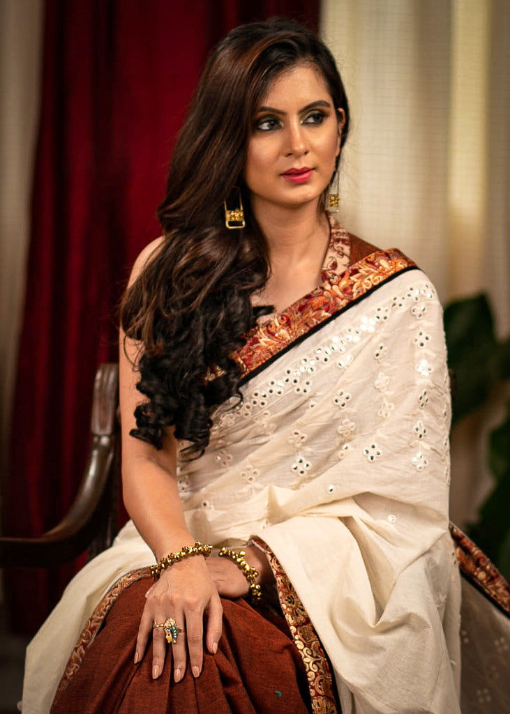 Exclusive mirror work & benarasi combination designer cotton saree