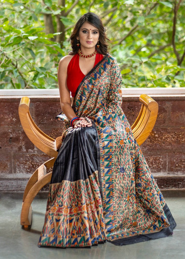 Exclusive black pure raw silk all over hand painted madhubani saree