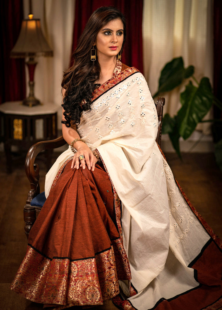 Exclusive mirror work & benarasi combination designer cotton saree