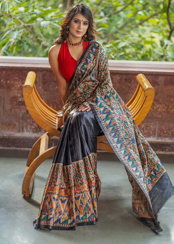 Exclusive black pure raw silk all over hand painted madhubani saree