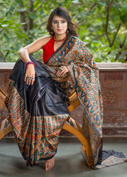 Exclusive black pure raw silk all over hand painted madhubani saree