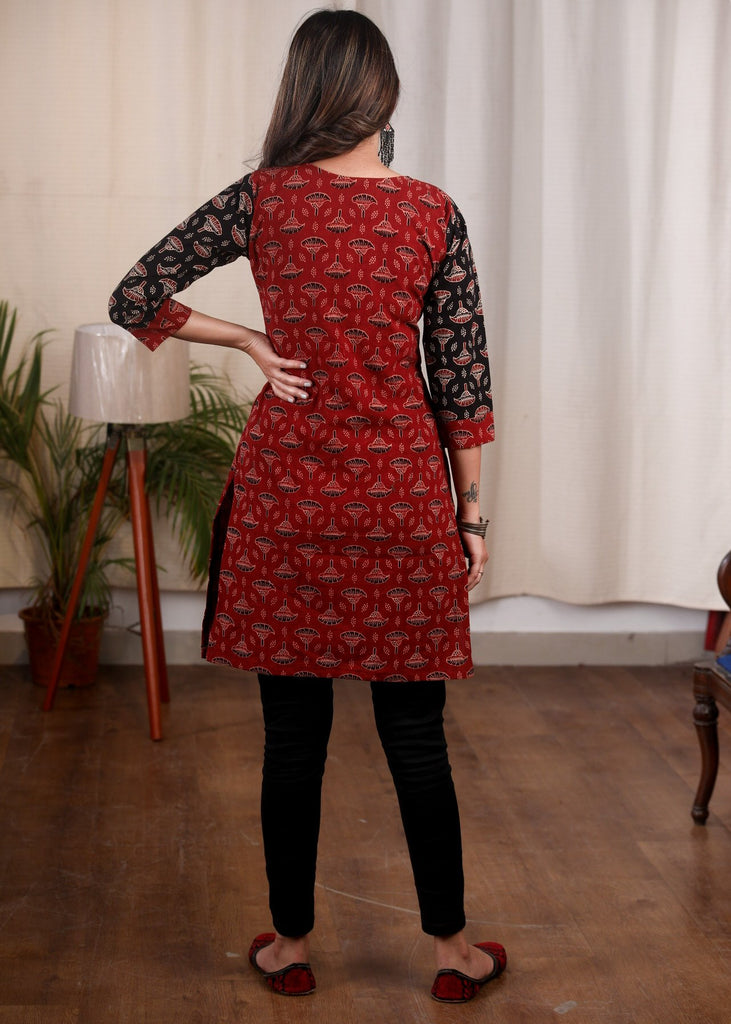 Maroon & black Ajrakh combination cotton tunic