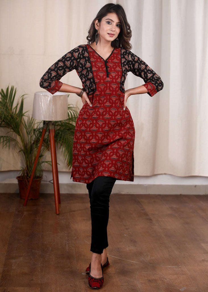 Maroon & black Ajrakh combination cotton tunic