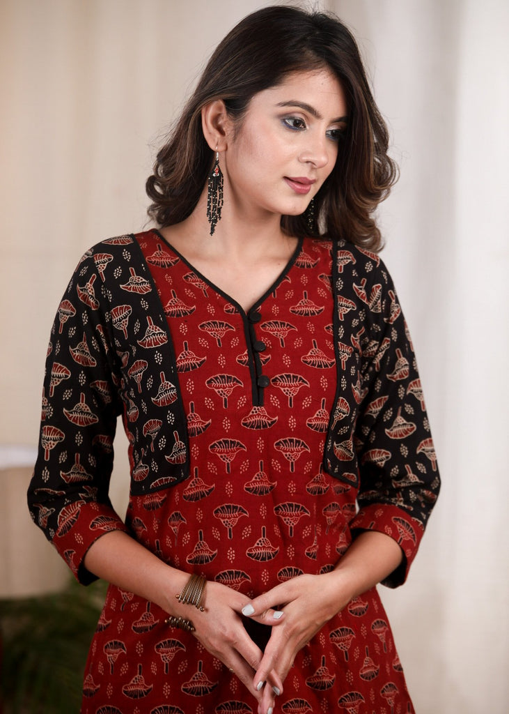 Maroon & black Ajrakh combination cotton tunic