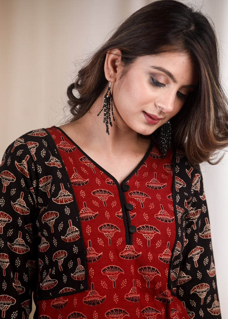 Maroon & black Ajrakh combination cotton tunic