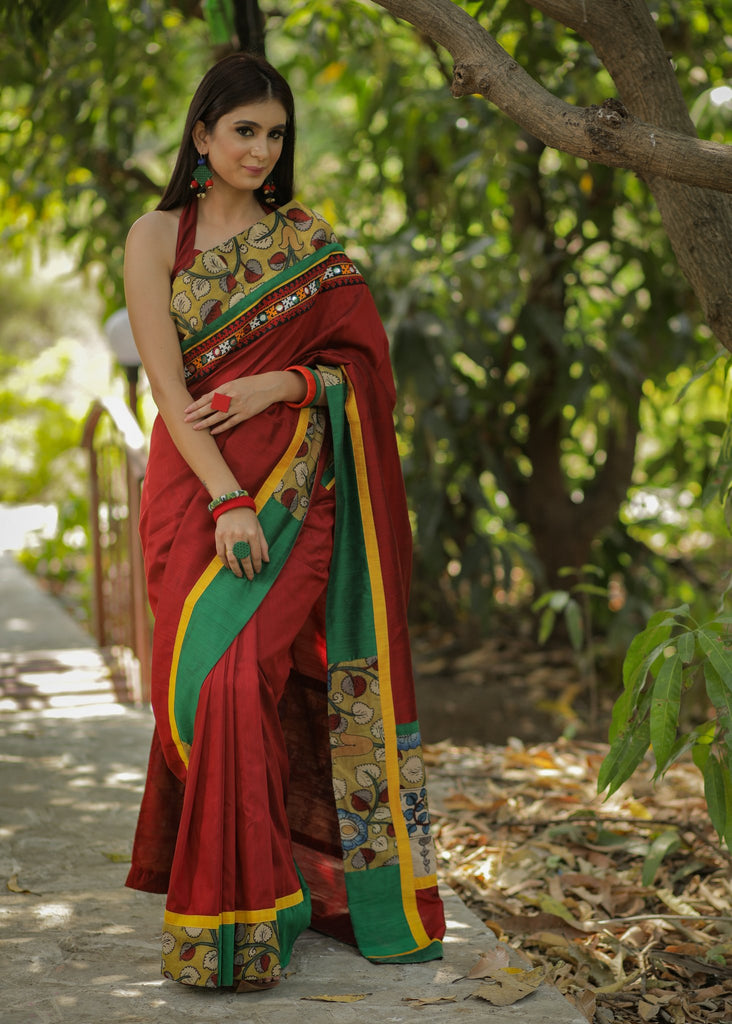 Maroon cotton silk saree with exclusive hand painted kalamkari & kutch mirror work border