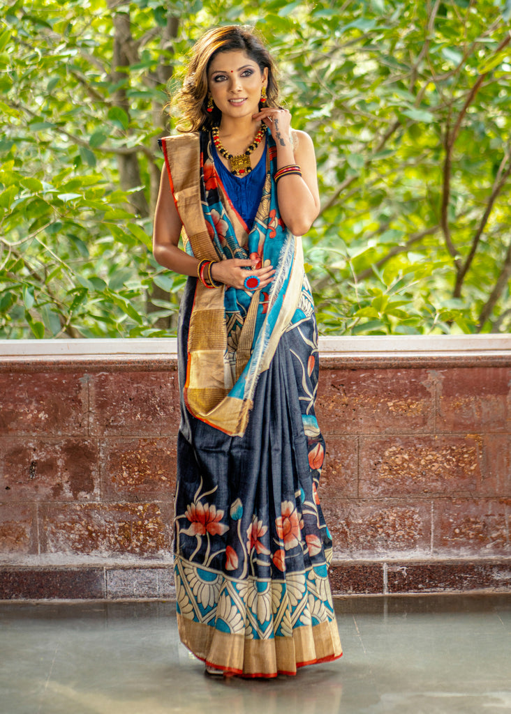 Exclusive Pure tassar silk black & blue combination kalamkari design saree