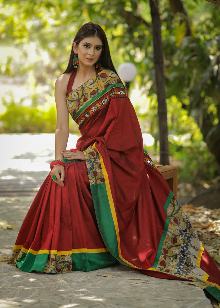 Maroon cotton silk saree with exclusive hand painted kalamkari & kutch mirror work border