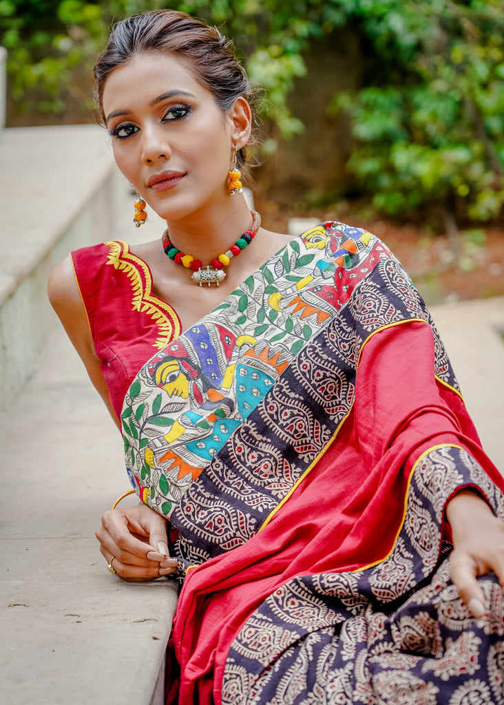 Cotton Ajrakh combination beautiful saree with intricate madhubani hand painted border