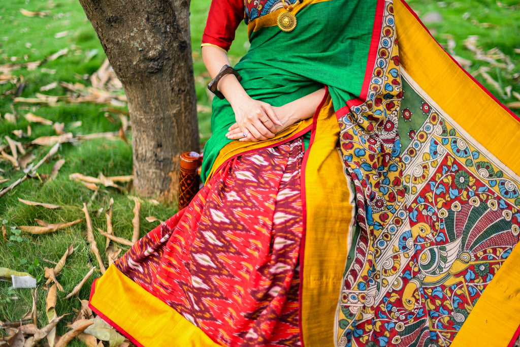 Exclusive handloom cotton saree with ikat pleats and hand painted kalamkari pallu