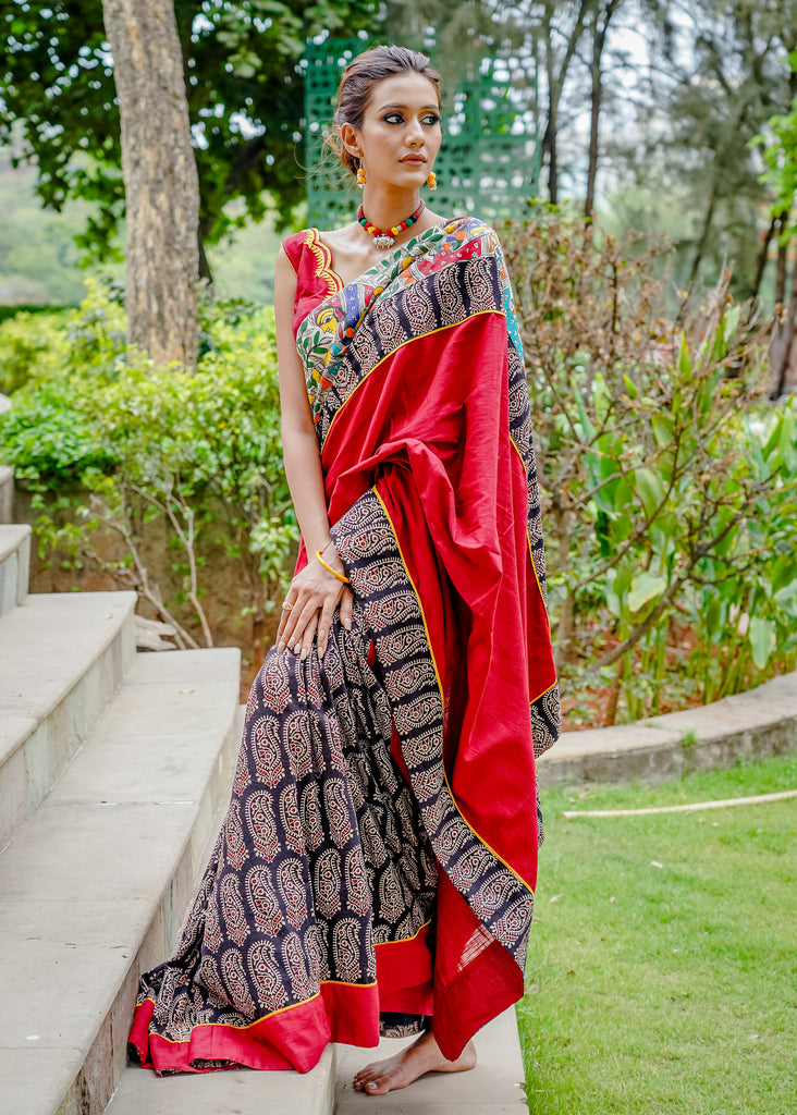 Cotton Ajrakh combination beautiful saree with intricate madhubani hand painted border