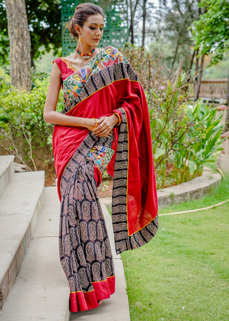 Cotton Ajrakh combination beautiful saree with intricate madhubani hand painted border