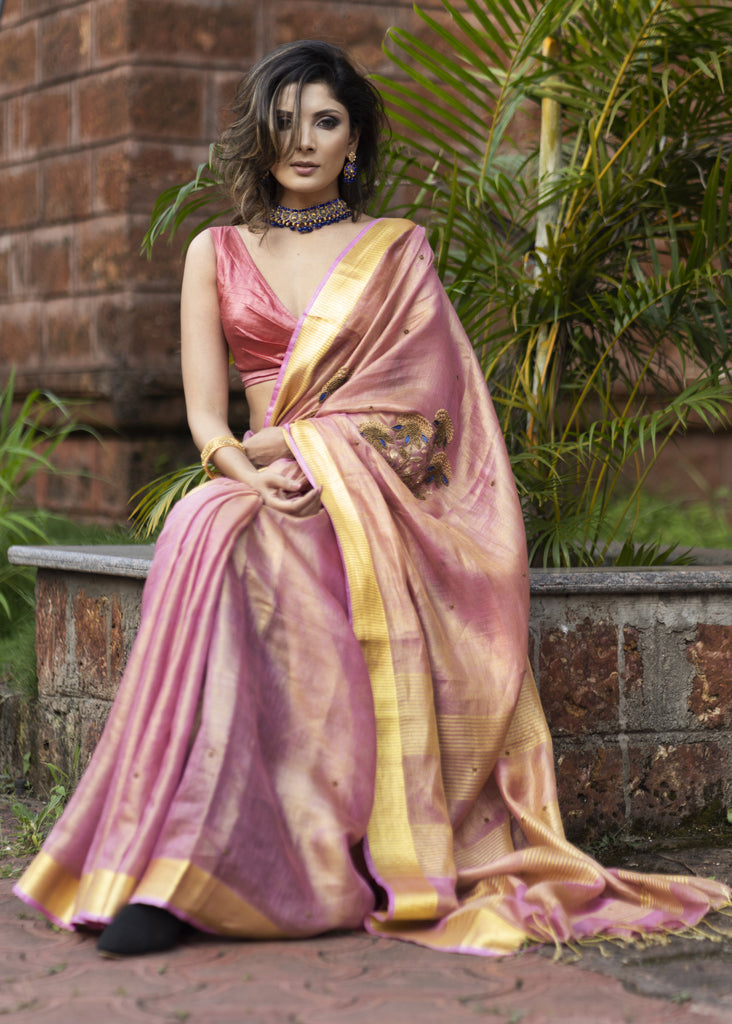 Exclusive pink pure linen saree with hand embroidery