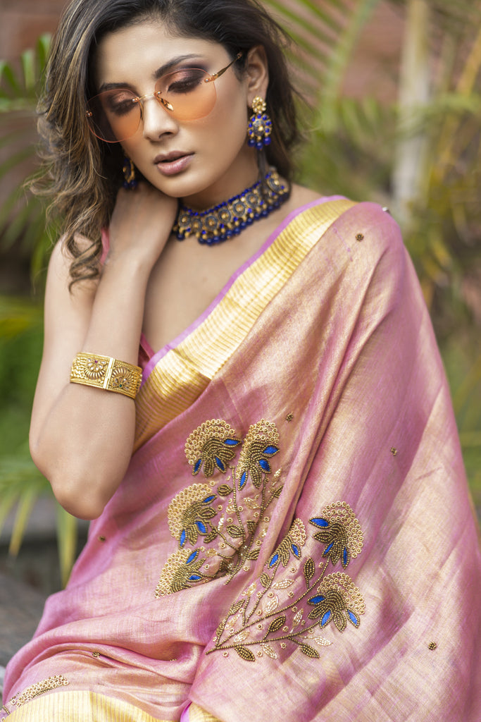 Exclusive pink pure linen saree with hand embroidery