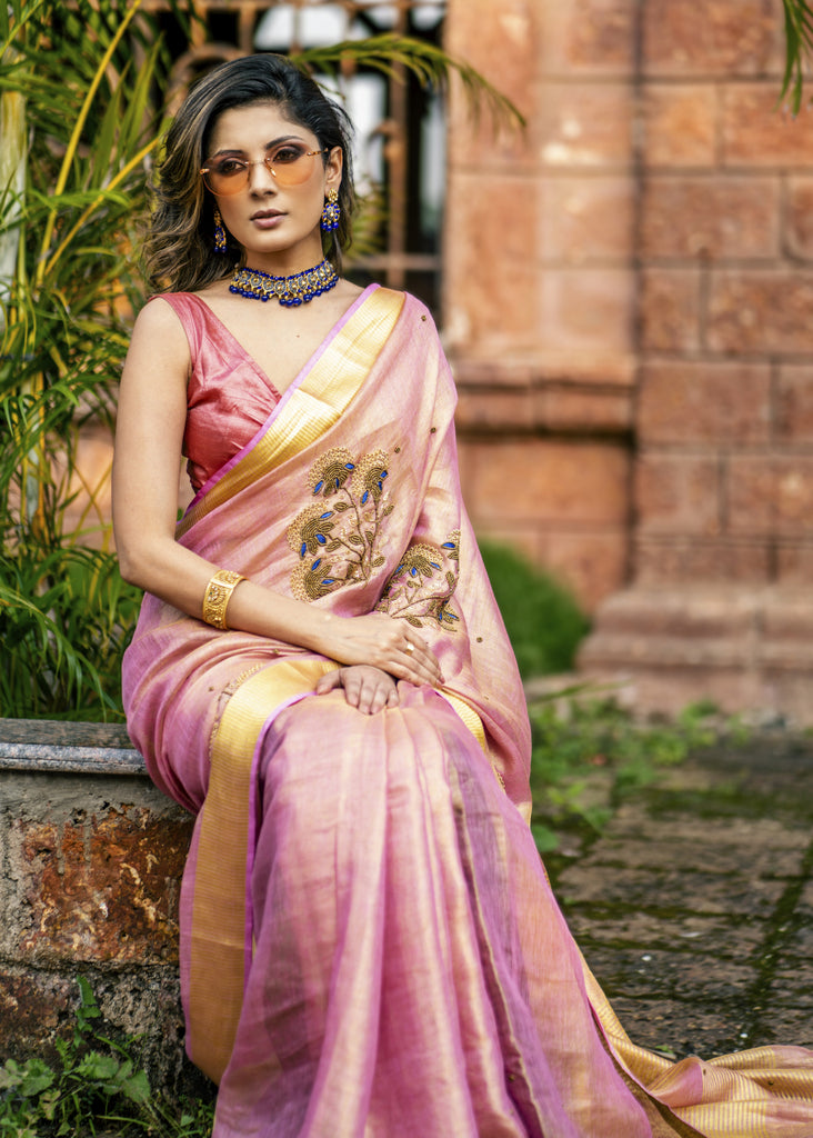 Exclusive pink pure linen saree with hand embroidery