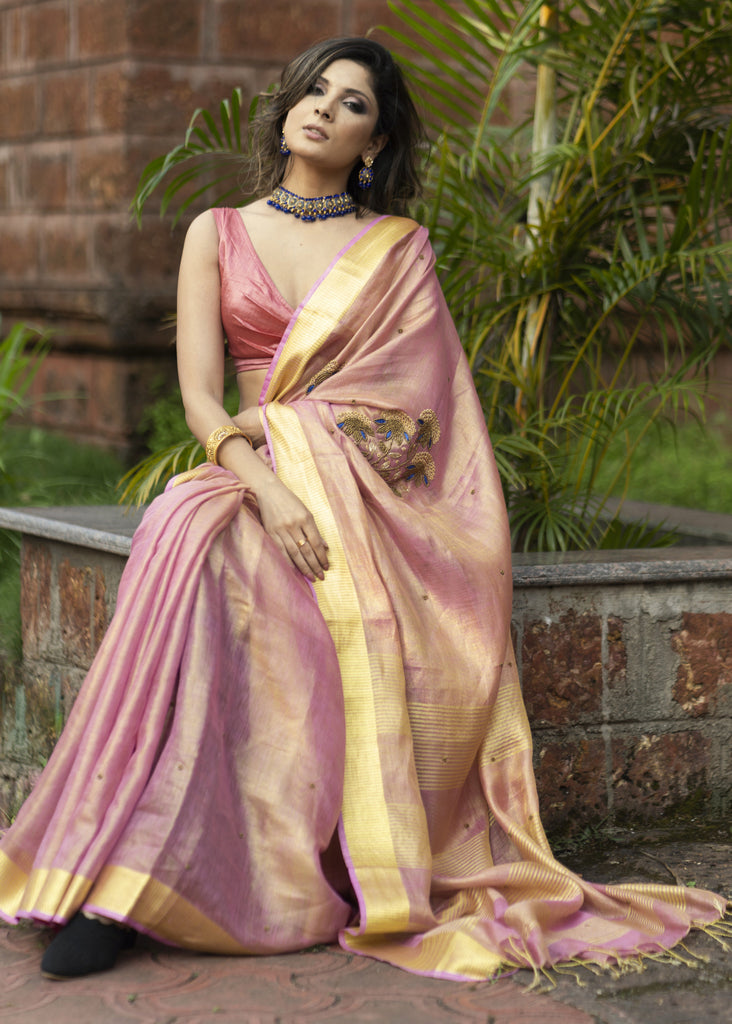 Exclusive pink pure linen saree with hand embroidery