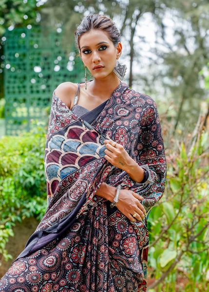 Pure modal silk block printed black designer Ajrakh saree