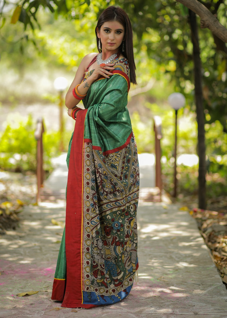Green pure raw silk saree with hand painted kalamkari pallu & border