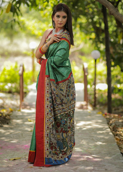 Green pure raw silk saree with hand painted kalamkari pallu & border