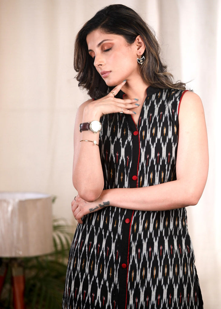 Exclusive black sleeveless ikat tunic